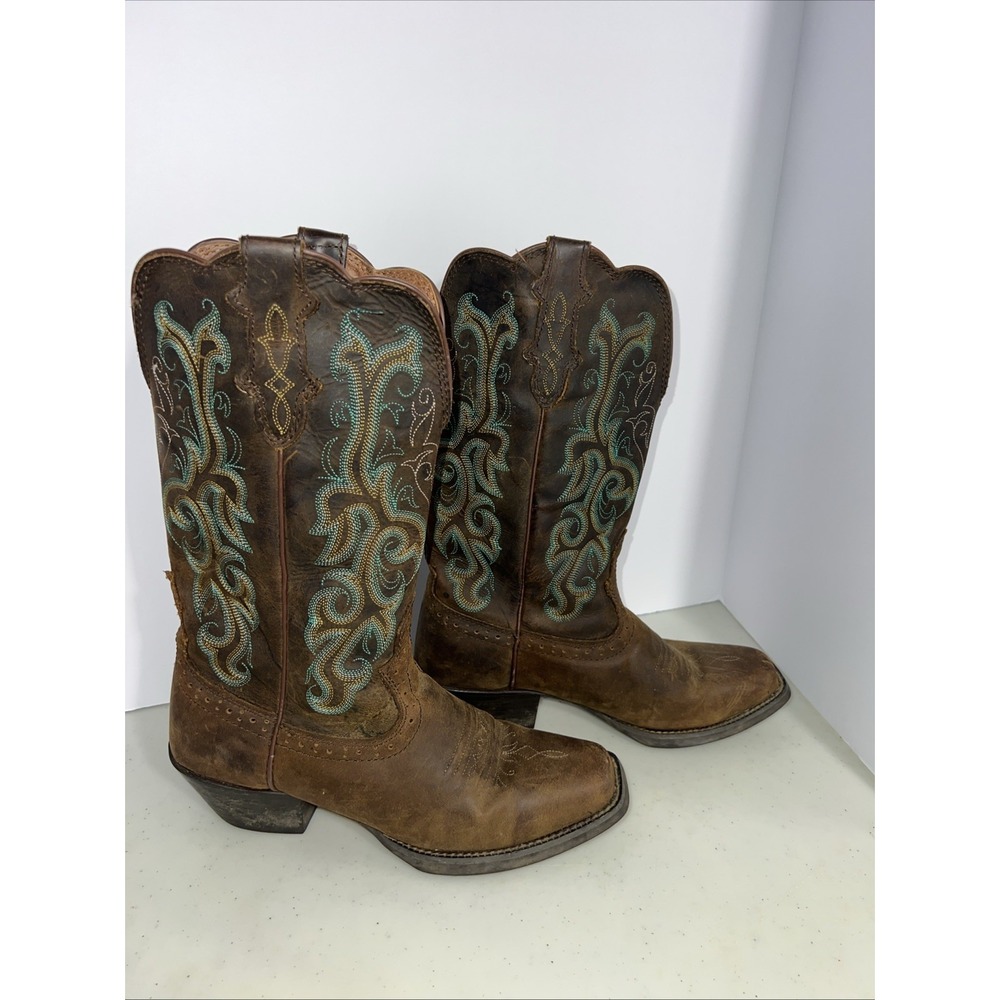 Justin Boots L2552 Womens Brown Leather Teal Embroidery Western Boots Size 6.5